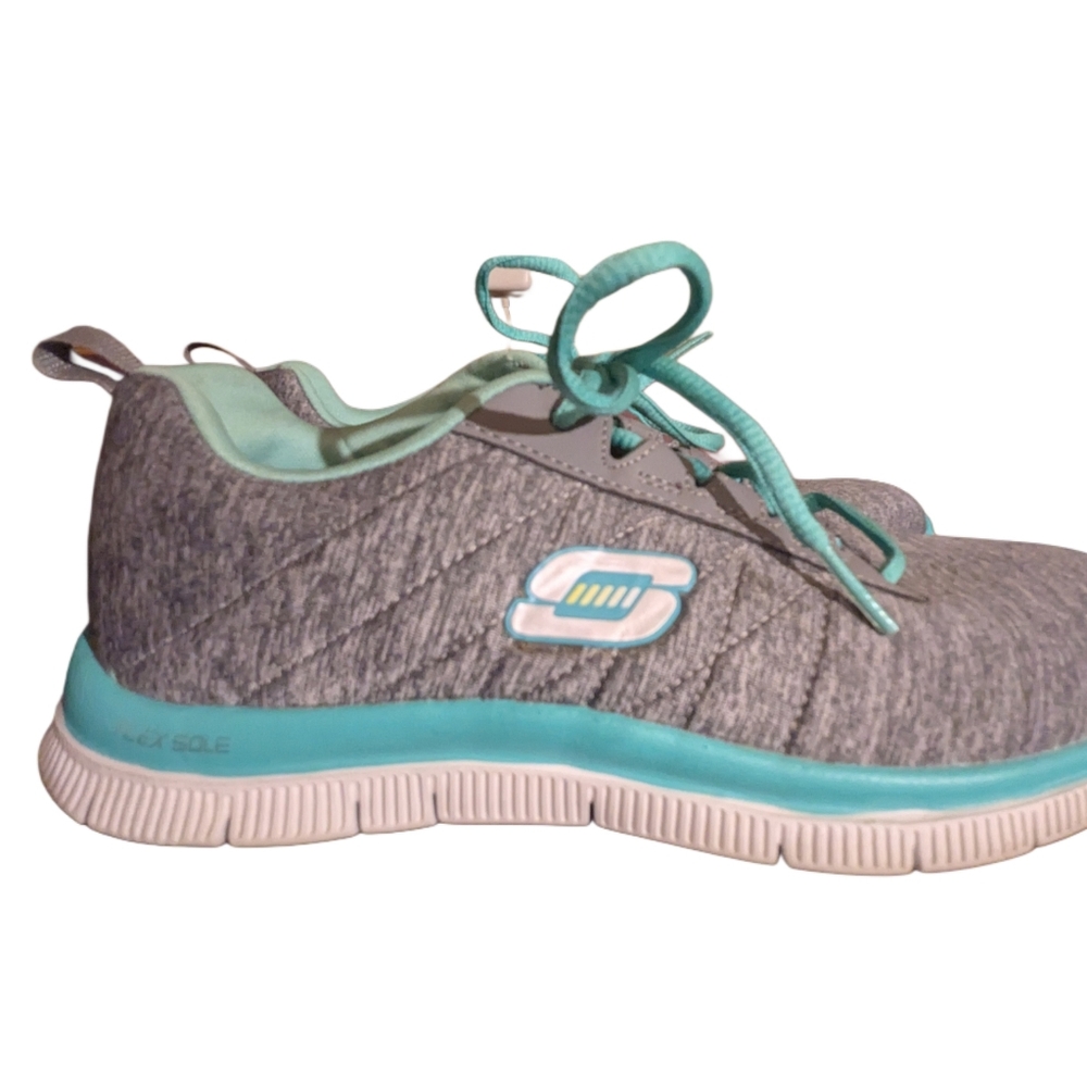 Skechers Flex Appeal Gray Heather & Teal Blue Sneakers Lace Up Shoes Women’s 7